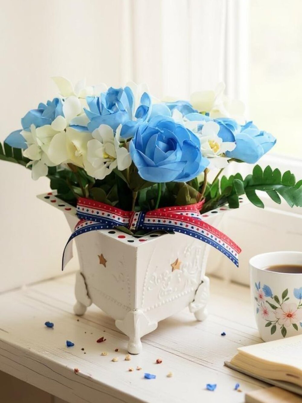 Patriotic Artificial Flower Arrangement in Metal Planter 4th of July Decor